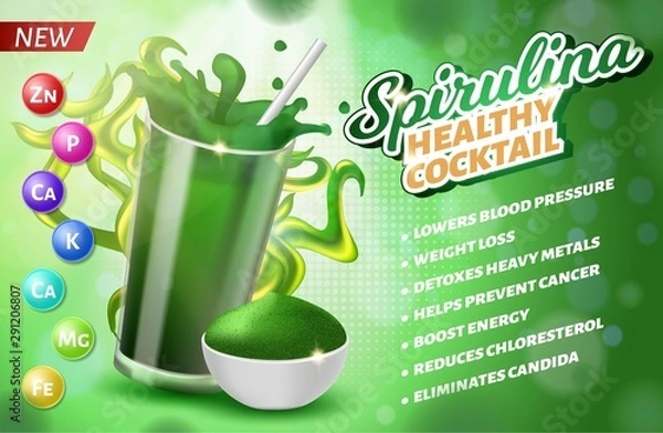 Fototapeta Realistic 3D Glass Spirulina Powder Cocktail Drink