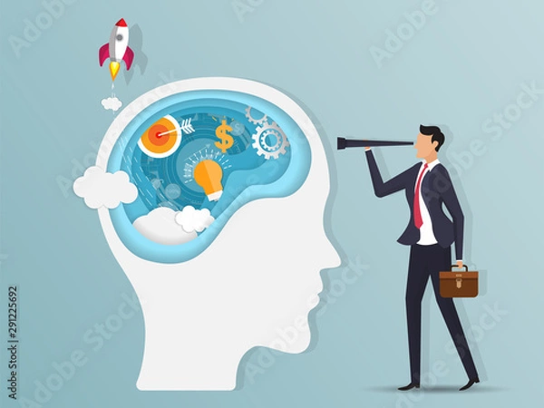 Fototapeta Paper cut business opportunities concept illustration. Businessman is searching the ability in brain with telescope. Paper art style vector illustration. 