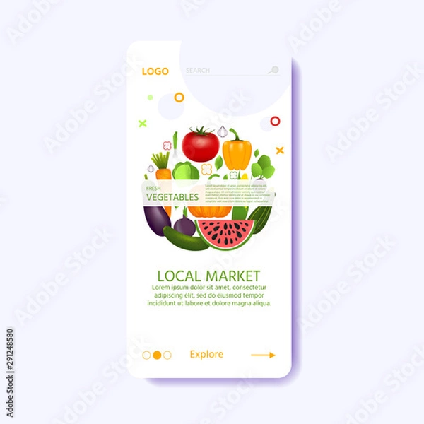 Fototapeta Landing page template for local market with set of realistic healthy vegetables  such as: carrot, tomato, pepper, eggplant, pumpkin. vector banner about diet, eco food