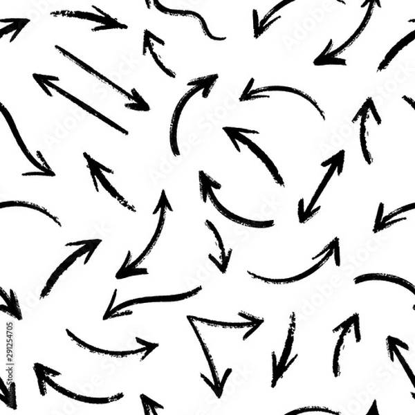 Fototapeta Vector seamless pattern with hand drawn black grunge arrows on white background. Abstract different brush arrows. Collection of chaotic doodle elements for design, concept, template, print, textile.