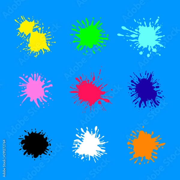 Fototapeta Vector Abstract Paint Splashes Collection Isolated on Bright Blue Background, Illustration Template.