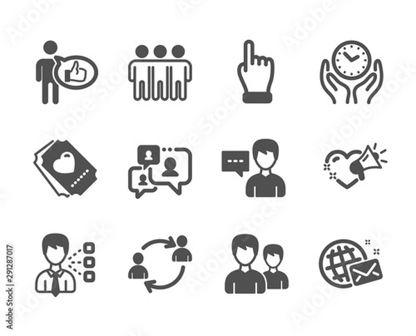Fototapeta Set of People icons, such as Love ticket, Support chat, Friendship, Third party, Person talk, User communication, Love message, Couple, Click hand, Like, World mail, Safe time. Vector