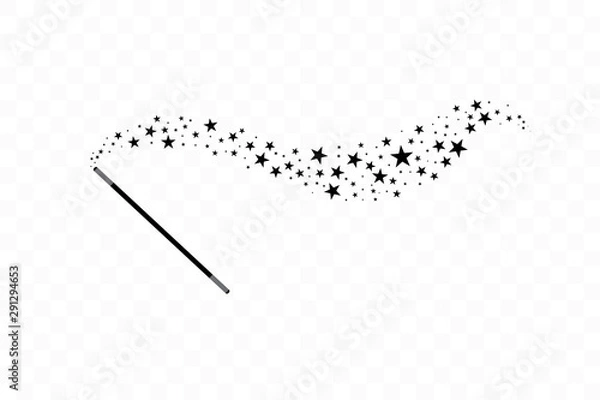 Fototapeta Magic wand with a stars. Trace of black dust. Magic abstract background isolated on on transparent background. Miracle and magic. Vector illustration flat design.