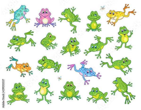 Fototapeta A large set of funny frogs in various colors and poses. In cartoon style. Isolated on a white background.