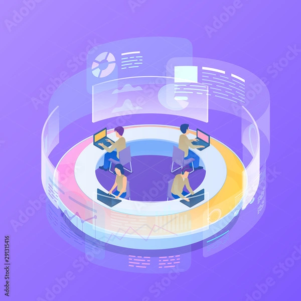 Fototapeta Isometric Teamwork data analytics management, artificial intelligence dashboard on HUD virtual screen with data statistics charts vector illustration.