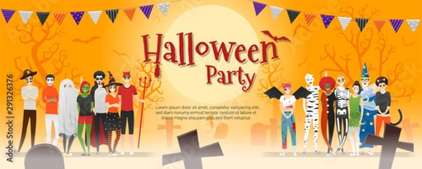 Fototapeta Happy Halloween party , group of teens in Halloween costume concept standing together on graveyard background , vector, illustration