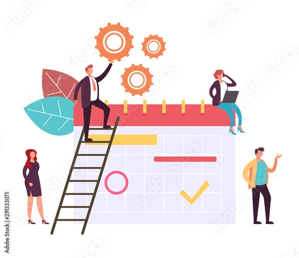 Fototapeta Time management teamwork office workers concept. Vector graphic design flat cartoon illustration