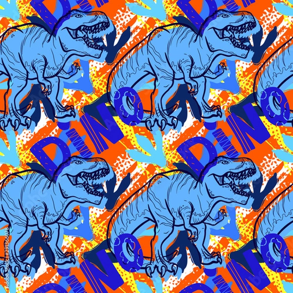 Fototapeta Abstract seamless vector pattern for girls, boys, clothes. Creative background with Jurassic period, dinosaur creative Funny wallpaper for textile and fabric. Fashion style. Colorful bright