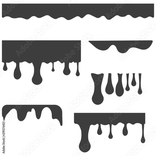 Fototapeta Black melt drips or liquid paint drops. Vector graffiti splatter splash or chocolate syrup and oil leak borders. Black chocolate melt liquid splash border.