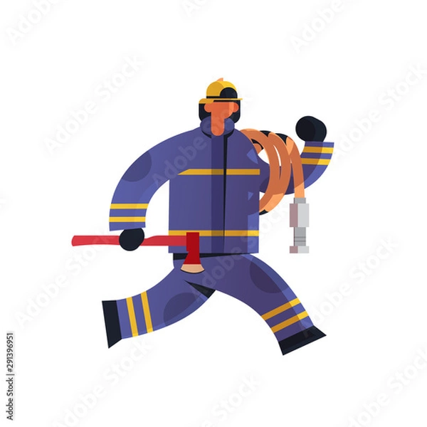 Fototapeta brave fireman running with axe and hose extinguishing fire firefighter in uniform and helmet firefighting emergency service concept flat white background full length