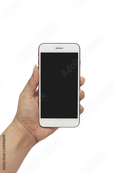 Fototapeta Man holding smartphone with blank screen on white background, closeup of hand. Space for text, hand, isolated male hand holding the phone tablet touch computer gadget with isolated display.