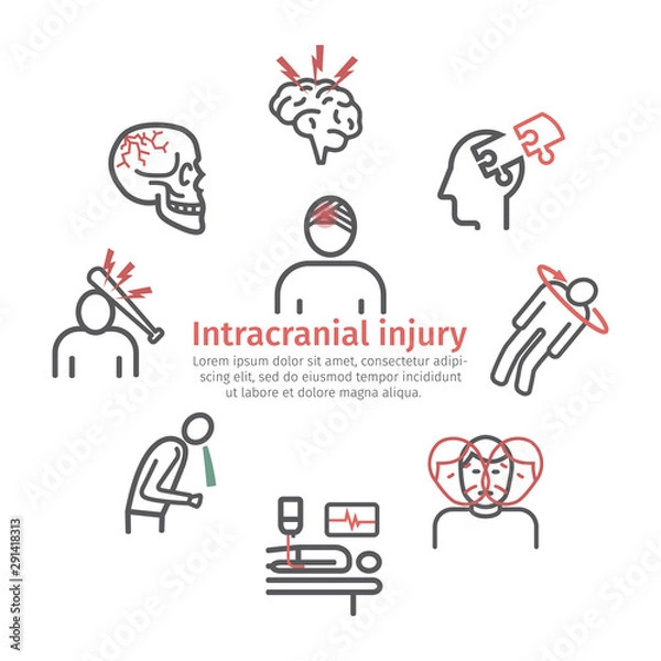 Obraz Traumatic brain injury banner, line icon. Head Injury Treatment. Vector signs for web graphics.