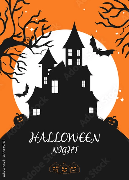 Obraz Halloween banner with pumpkin, full moon, bat spider. Design for holiday poster