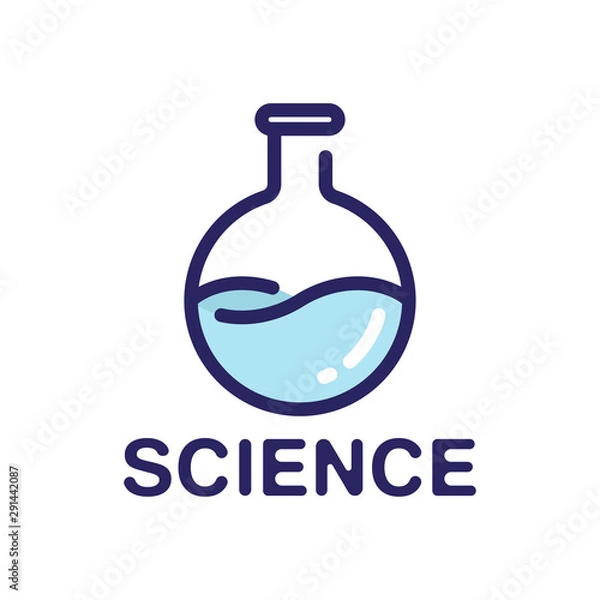 Fototapeta Linear logo on a scientific theme. Vector illstration with round-bottom flask in flat style isolated on white background.