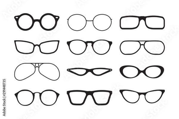 Fototapeta Glasses silhouette. Fashioned stylish accessories protecting summer sunlight aviation lens of reflective glasses vector collection. Eyeglasses lens silhouette accessory collection illustration