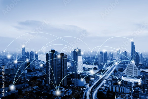 Fototapeta Network Telecommunication and Communication Connect Concept, Connection 5G Networking System of Infrastructure and Cityscape at Night Scenery. Technology Digital Connectivity and Information Transfer
