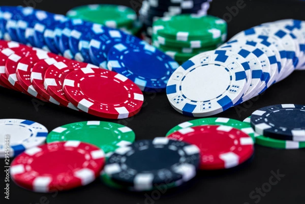 Obraz Poker chips close up on black background