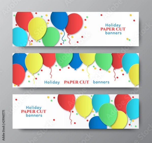 Fototapeta Horizontal banners with balloons and confetti. Design paper cut. Congratulations on the holidays. Greeting card template. Place for text. Vector