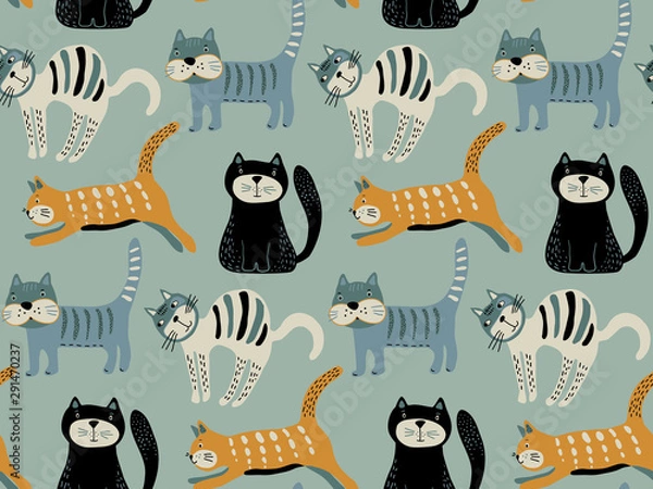 Obraz Vector seamless pattern with cute cats in simple flat style.