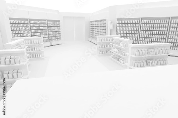 Fototapeta 3D Illustration Rendering. Clean Pharmacy views on white backgorund for presentation and mockup blueprints. Architectural visualization of Modern interior design store.. Side view 02