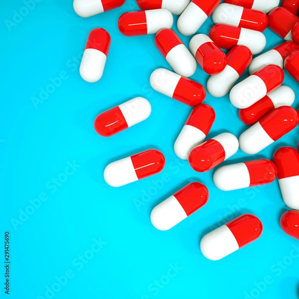 Fototapeta three-dimensional red-white tablets in the form of capsules on a turquoise background. 3d rendering illustration