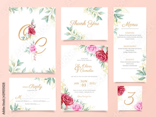 Fototapeta Wedding invitation card template suite with elegant flowers and gold decoration. Greenery floral border save the date, invitation, greeting, respond , thank you cards vector