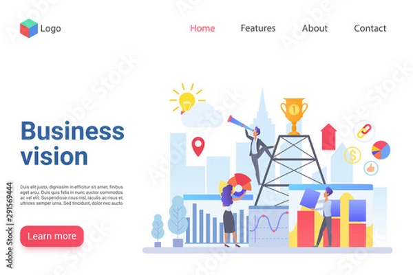 Fototapeta Business vision flat landing page template. Company promotion website design layout. Business development, strategy building web page concept. Teamwork improvement, staff support webpage interface