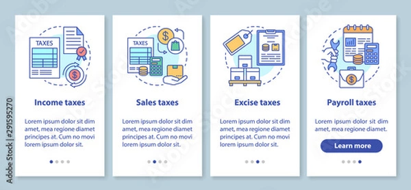 Fototapeta US Taxes types onboarding mobile app page screen with linear concepts. Income, sales, excise, payroll tax walkthrough steps graphic instructions. UX, UI, GUI vector template with illustrations