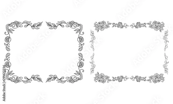 Obraz Tropical hand drawn floral frames. Outline set. Jungle foliage illustration. Floral set. Hand drawing. Vector isolated collection. Natural spring wedding card. Summer tropical leaf. Botanical frames