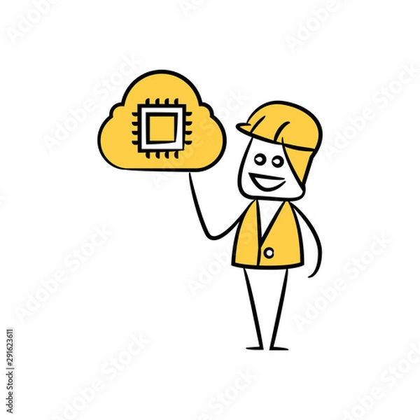Fototapeta engineer and cloud with chip yellow stick figure theme