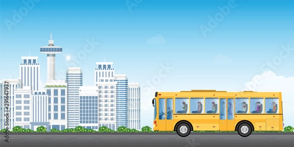 Obraz City transport service bus with passengers on cityview background.
