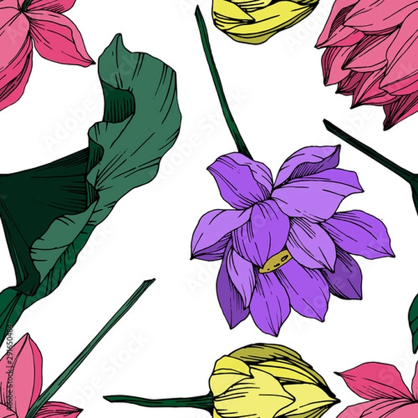Fototapeta Vector Lotus floral botanical flower. Black and white engraved ink art. Seamless background pattern.