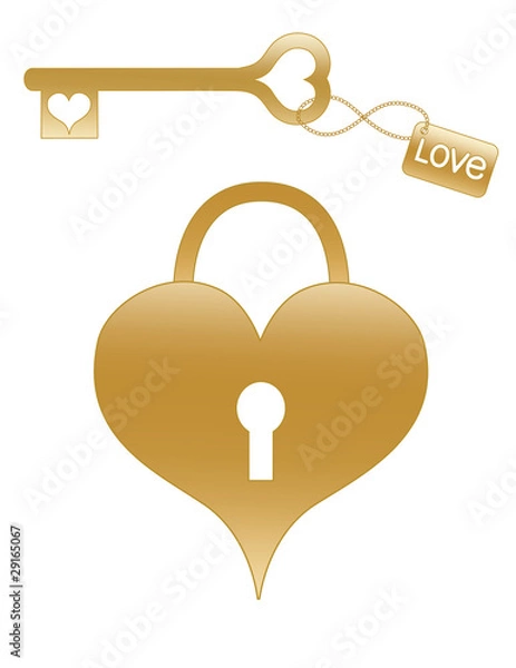 Obraz Gold Heart Padlock and Key with ID "LOVE" tag