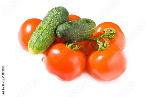 Fototapeta Tomatoes and cucumbers isolated