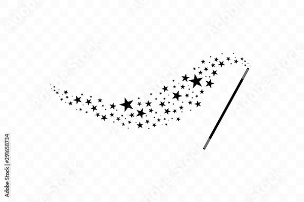 Fototapeta Magic wand with a stars. Trace of black dust. Magic abstract background isolated on on transparent background. Miracle and magic. Vector illustration flat design.