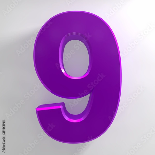 Fototapeta Number 9 purple color collection on white background illustration 3D rendering