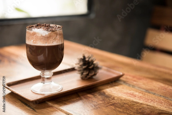 Fototapeta selective focus close up home made hot chocolate .Wood table top with chocolate in cafe  or (coffee shop,restaurant ) Selective focus background