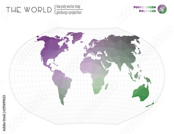 Fototapeta Triangular mesh of the world. Ginzburg V projection of the world. Purple and green colored polygons. Amazing vector illustration.