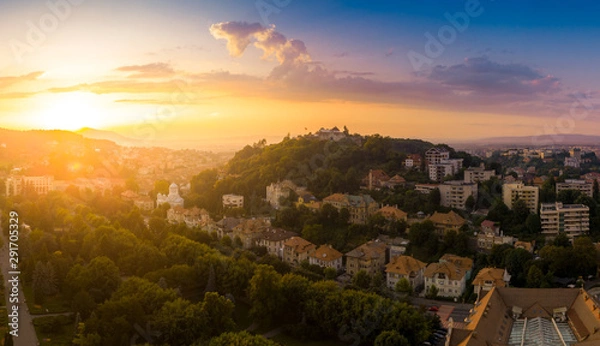 Fototapeta Brasov cityscape, panoramic and aerial view over medieval architecture of Brasov town from Transylvania, Romania
