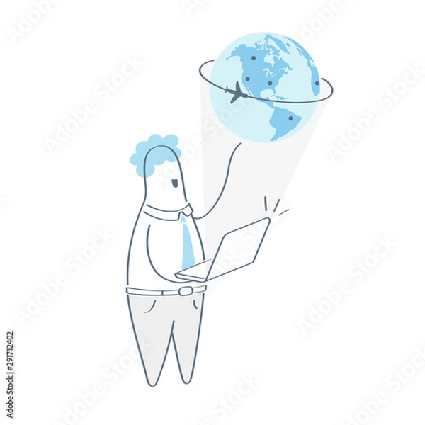 Fototapeta Businessman with laptop and projection of the earth. Concept of traveling, trip and global planning, commercial cargo transportation and logistics. Futuristic hologram. Flat outline vector