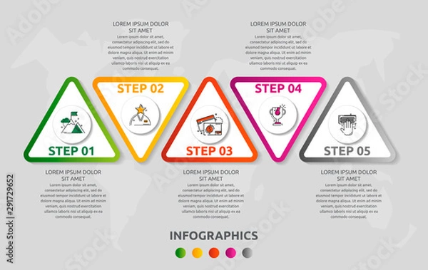 Obraz Vector infographic template with triangles and five circles. Business geometric concept with 5 options, parts, steps. Used as timeline, workflow, presentation, diagram, flyers, banner, chart