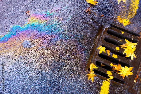 Fototapeta Oil Pollution Spill Running Down Guttering Drain on a Wet Day