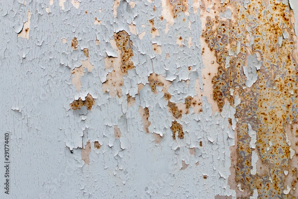 Fototapeta Background. Old gray metal wall with weathered paint, scratches and rust.