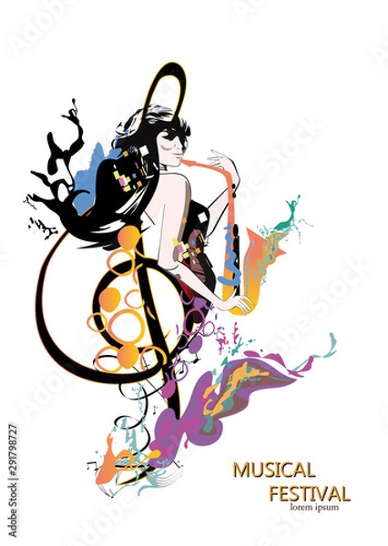 Fototapeta Abstract colorful musical poster design with musicians and musical waves. Hand drawn vector illustration