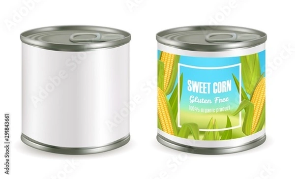 Obraz Canned corn package mockup set, vector realistic illustration