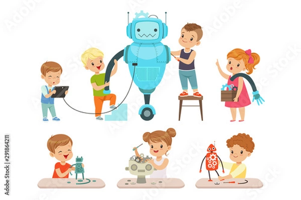 Fototapeta Cute little kids programming and creating smart robots set, educational project concept for children vector Illustrations on a white background