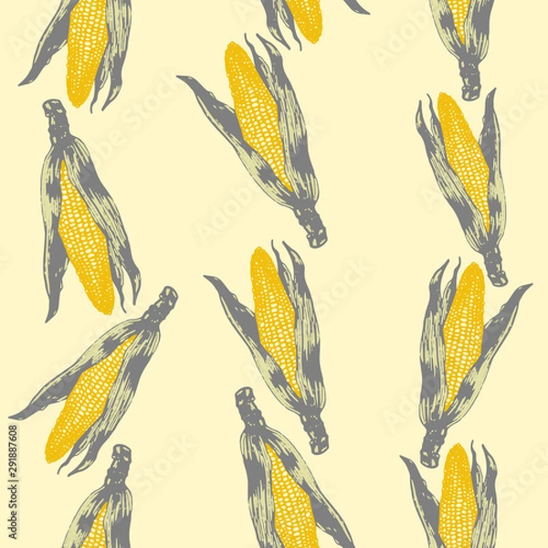 Fototapeta Vector set of seamless patterns with wonderful colorful corn, hand-drawn in graphic and real-style at the same time. Seasonal colors: gold, green. Tasty, appetizing, Ripe corn ears, season vegetable
