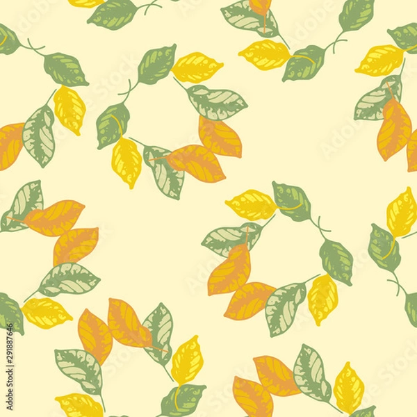 Fototapeta Vector set of seamless patterns with wonderful colorful leaves, hand-drawn in graphic and real-style at the same time. Seasonal colors: yellow, green, orange. Leaves wreaths scattered. Doodle art