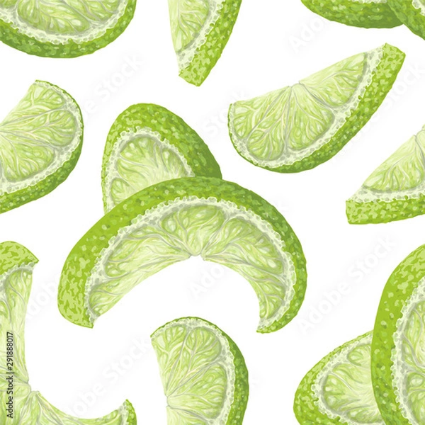 Fototapeta Vector art, seamless pattern with hand-drawn harvest juicy, delicious rich wet yellow lime pieces, with highlights, beautiful peel of lime. Realistic, like paint. Ripe, juicy, tasty citrus scattered