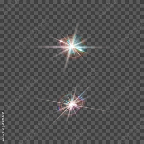 Fototapeta Set of vector lens flare effect. Round isolated transparent optical elements with rays. Space star explosion.
